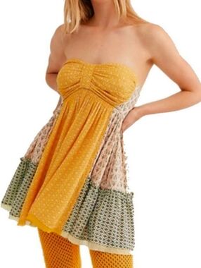 ​Free People Across The Sea Tunic Mini Dress Medium M Yellow Patchwork Strapless